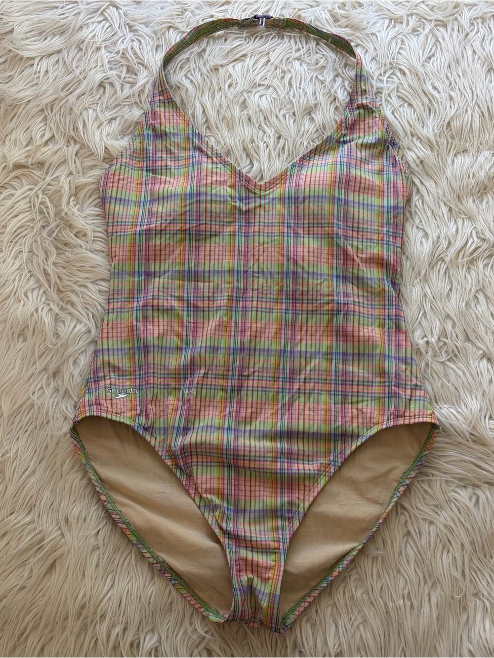Vintage Speedo Plaid Halter One Piece Swimsuit Rainbow Gingham Retro Size 14